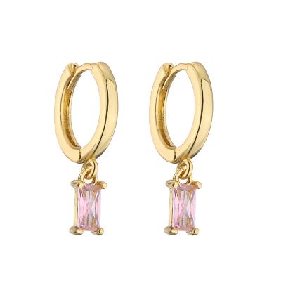 Gold Plated 18K Hoop Earrings Rectangle Water Drop Pink Zircon Diamond Pendant