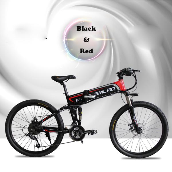 Black 26 Inch Folding Mountain E Bike With Suspension Fork Hard Wearing