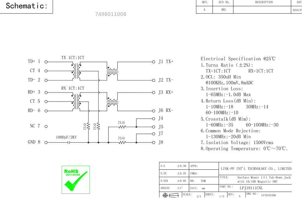 7498011008 установка Rj45 Lan 10/100BaseT трансформатора WE-RJ45 Lan поверхностная