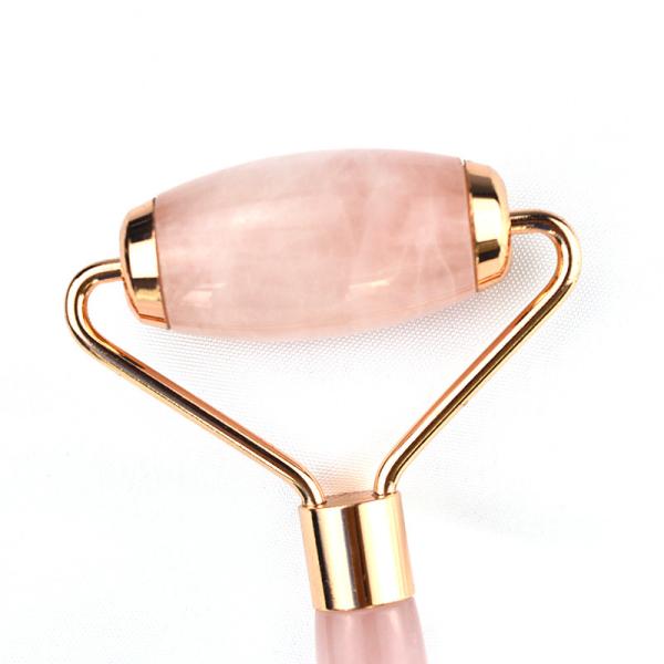 Customized Logo Availabled Natural Rose Quartz Gold Handle Facial Jade Roller Pink Crystal Massager For Skin Beauty Treatment