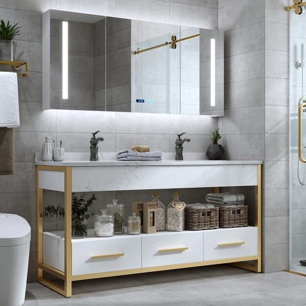 Modern Wall Hung Cabinet , Marble Double Sink Bathroom Vanity