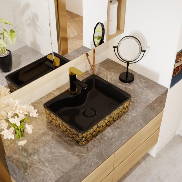 Electroplate Golden Square Ceramic Basin Table Top For Cabinet
