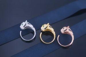 925 Sterling Silver Diamond Leopard Tiger Shaped Ring With Black Spotted Semi Ring