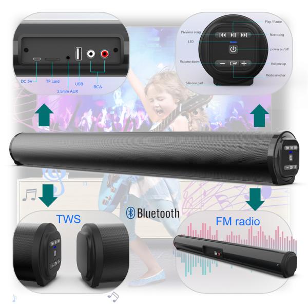 2.0CH Mini Bluetooth Soundbar Speaker With USB Inputs Black Color