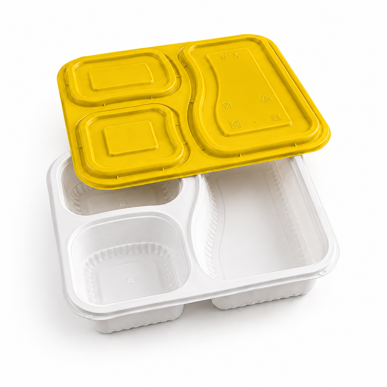 Three Compartment Snap Lock Bowls Meal Tray with Tamper Evident Yellow Lid