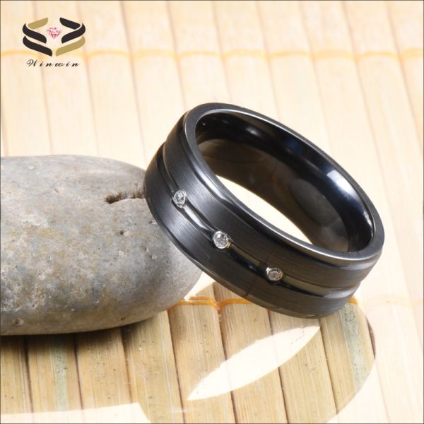 8mm Black Zirconium Ring with Silver CZ Diamond Stones Inlaid Single Groove Men's Wedding Band Plating Color N/A