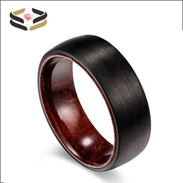 Anillo de Boda de Tungsteno Negro Brushed para Hombres de madera de rosa 8 mm con configuración invisible