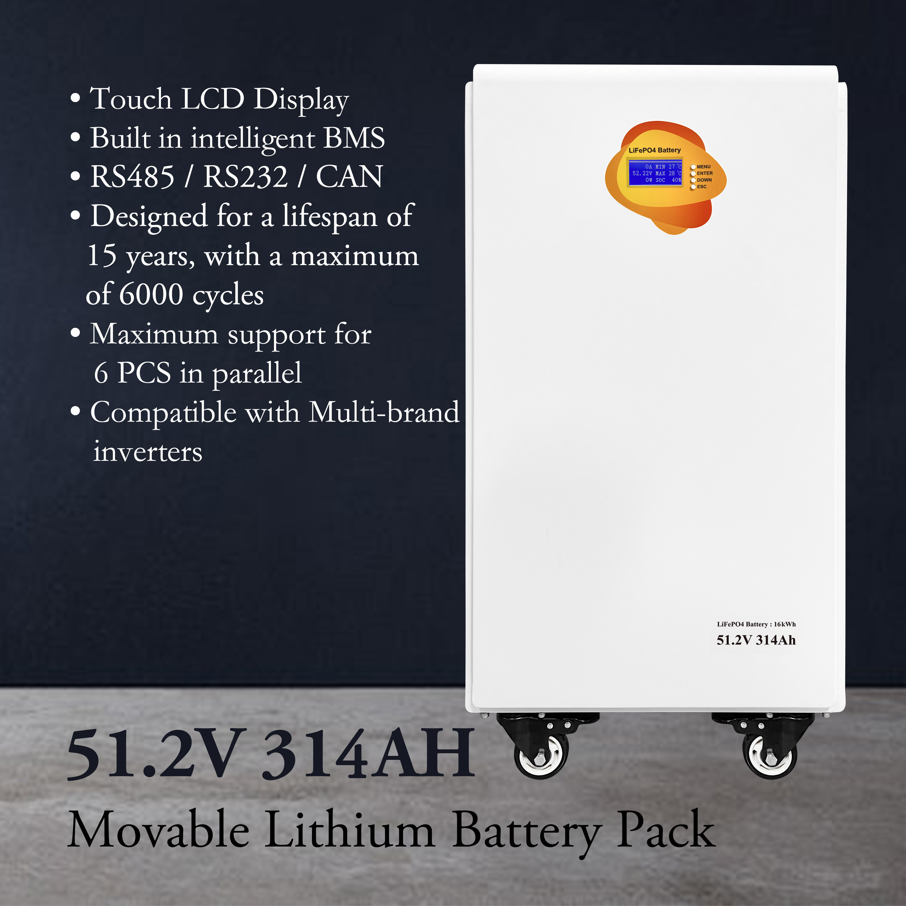 51.2V 314Ah Movable LiFePO4 Battery 15kWh Wall Mount Solar Energy Storage Battery Pack