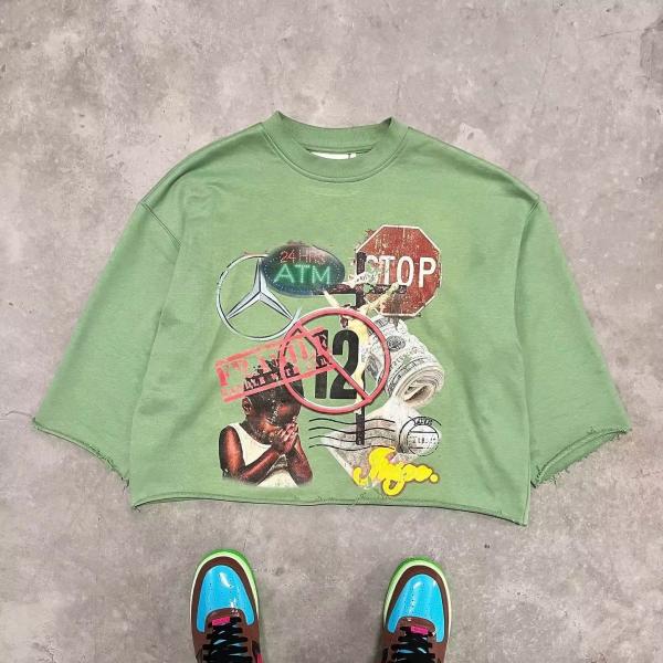 Black Cropped Graphic T Shirt Men 3/4 Sleeve Shirt Heavyweight Printed Cut Raw Curved Hem Boxy