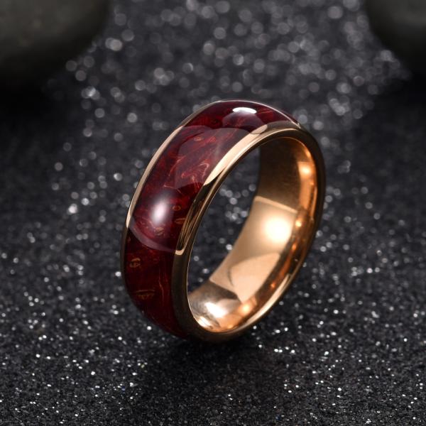 8mm High Polished Rose Gold Tungsten Carbide Ring Red Box Elder Wood Inlay Dome  Edges Comfort Fit