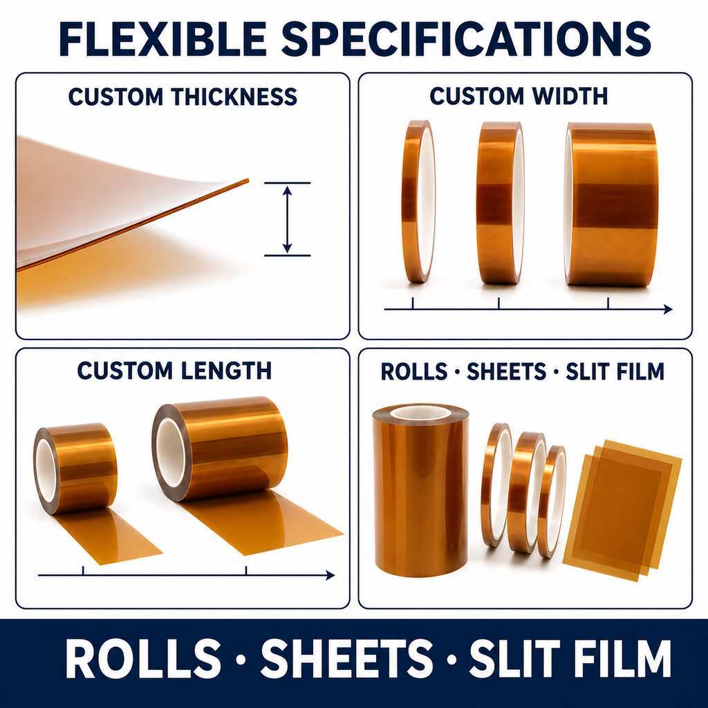 Pure Polyimide Film (Non-Adhesive PI Film / Electrical Insulation Film) for Motors, Transformers, Cables and Battery Modules - Custom Rolls, Sheets and Die-Cut Parts