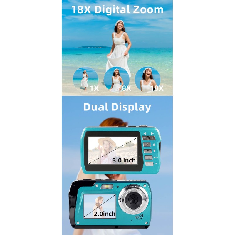 4K Waterproof Digital Camera 56MP Dual Screen 18X Zoom 10FT Underwater Camera for Diving Snorkeling Sports Camera
