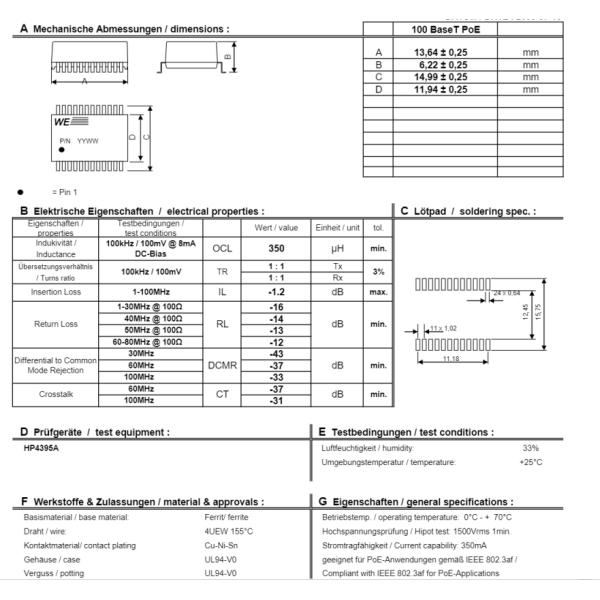 1000BASE-T módulos de transformador de montaje de superficie Lan Tipo SOP-24 Cruce a 749013021