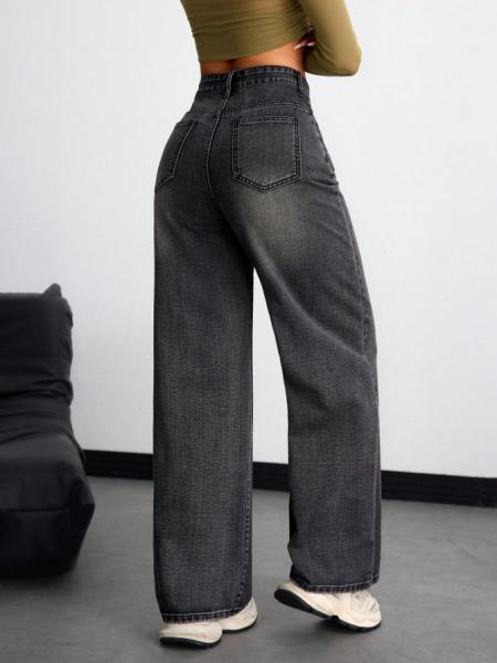 Inky gray high-waisted straight-leg jeans for women