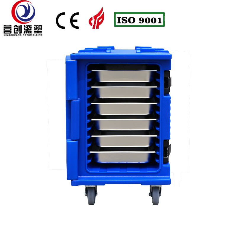 YINGCHUANG ROTOMOLDING OEM 90L Blue Handle Type Rotomolded Insulated Box With Casters, Thick PU Foam Hot & Cold Holding GN Pan Food Transport Cabinet For Central Kitchen Catering Canteen