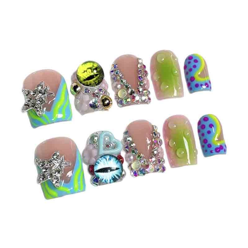 Short Square Y2K Colorful Handmade Press On Nails 3D Eye Star Rhinestone Wholesale