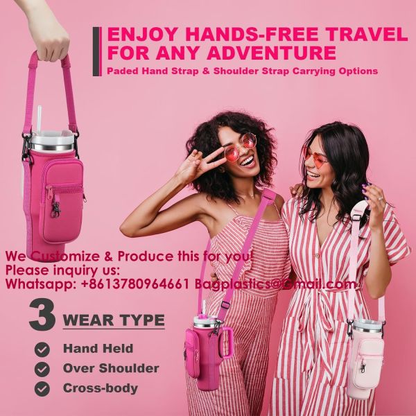 Water Bottle Carrier Bag With Phone Pocket For Stanley 40 & 30 Oz Tumbler With Handle,Pink Insulated Neoprene Cup