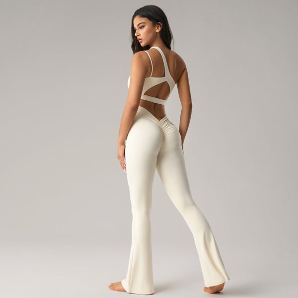 Cream Women's Asymmetric One Shoulder Sports Bra Flared Leggings Set High Waisted