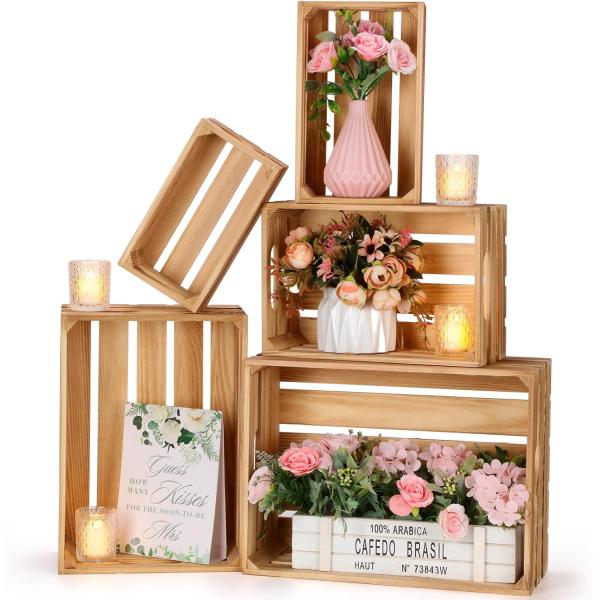 5 Pcs Decorative Nesting Wooden Crates for Storage and Display Pastoral Wind Concept