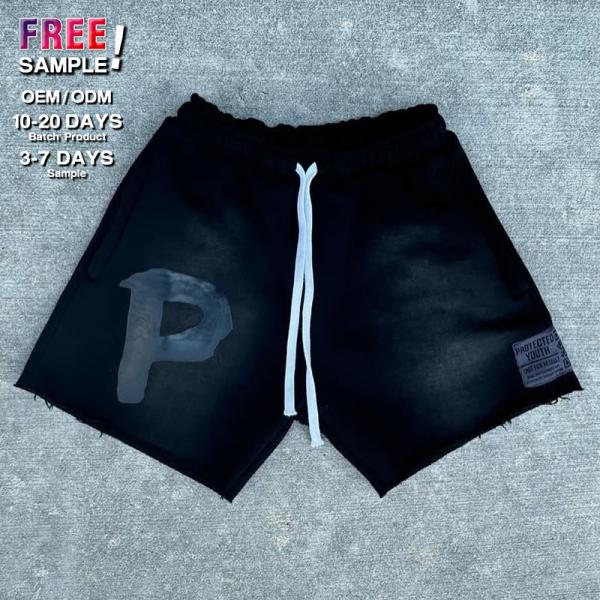 Calzoncillos personalizados Logotipo de bordado de verano Calzoncillos Lavados con ácido Rips Distressed Cut Edge Vintage Streetwear Casual Raw Hem Shorts hombres