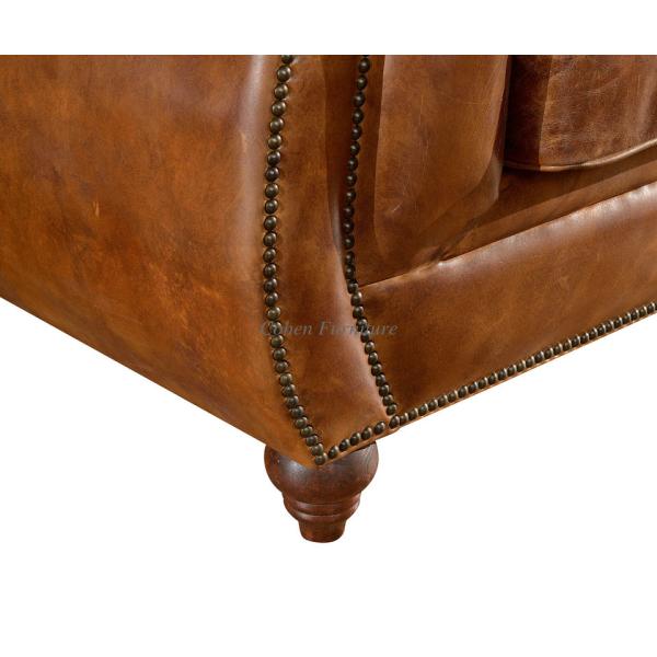 Retro Vintage Three Seater Leather Sofa With Brass Nails / Leather Buttons