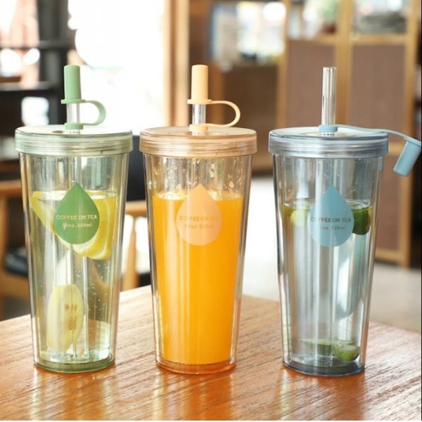 Simple Double-layer Large Capacity Plastic Straw Cup Creative Student Transparent Milk And Juice Water Bottle