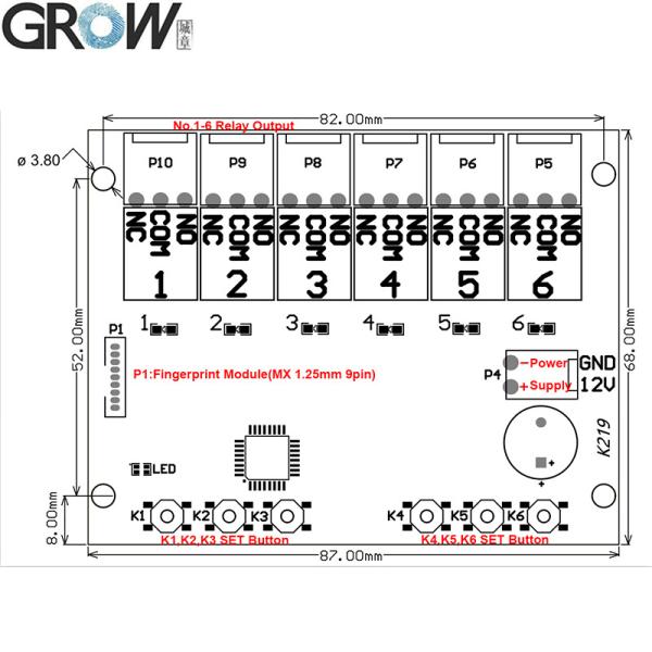 Плата управления доступом GROW K219-B+G16 DC12V с паролем администратора/пользователя, отпечатками пальцев и 6 реле для системы контроля доступа к дверям