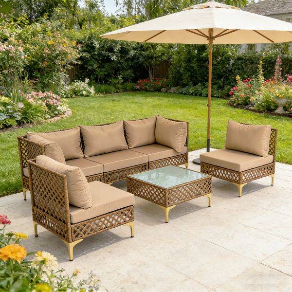 6 Pieces PE Wicker Sectional Outdoor Sofa with Coffee Table  Backyard Patio Furniture Sets