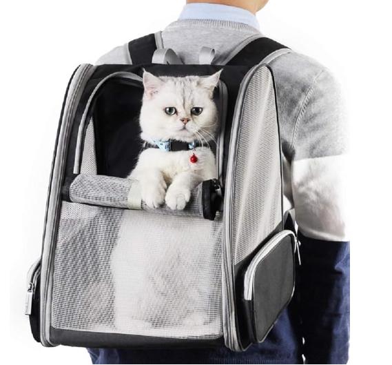 Pet backpack with blinds, suitable for small cats and dogs. It features a ventilation design, a safety strap, a snap support, foldable feature, and is specifically designed for travel, hiking,