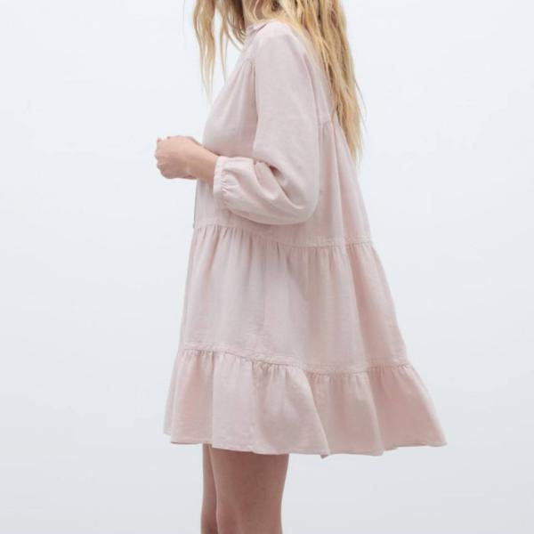 MID Long Sleeves Cotton Casual Dress Pleated Skirt Polyester