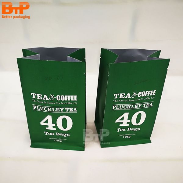 100g 200g 300g Aluminum Foil Quad Seal Flat Bottom Tea Coffee Printed Brown Kraft Paper Food Packaging Plastic Bag