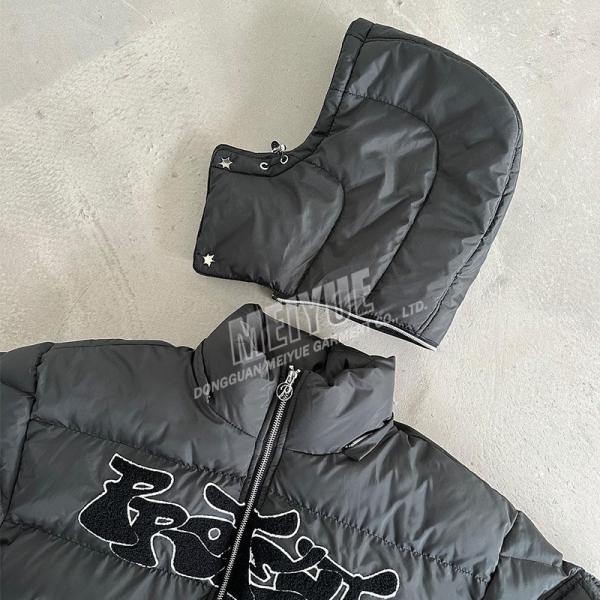 Custom Winter Cropped Down Coats Ultra Light Duck Goose Embroidery Chenille Padded Detachable Hat Bubble Puffer Jacket for Men