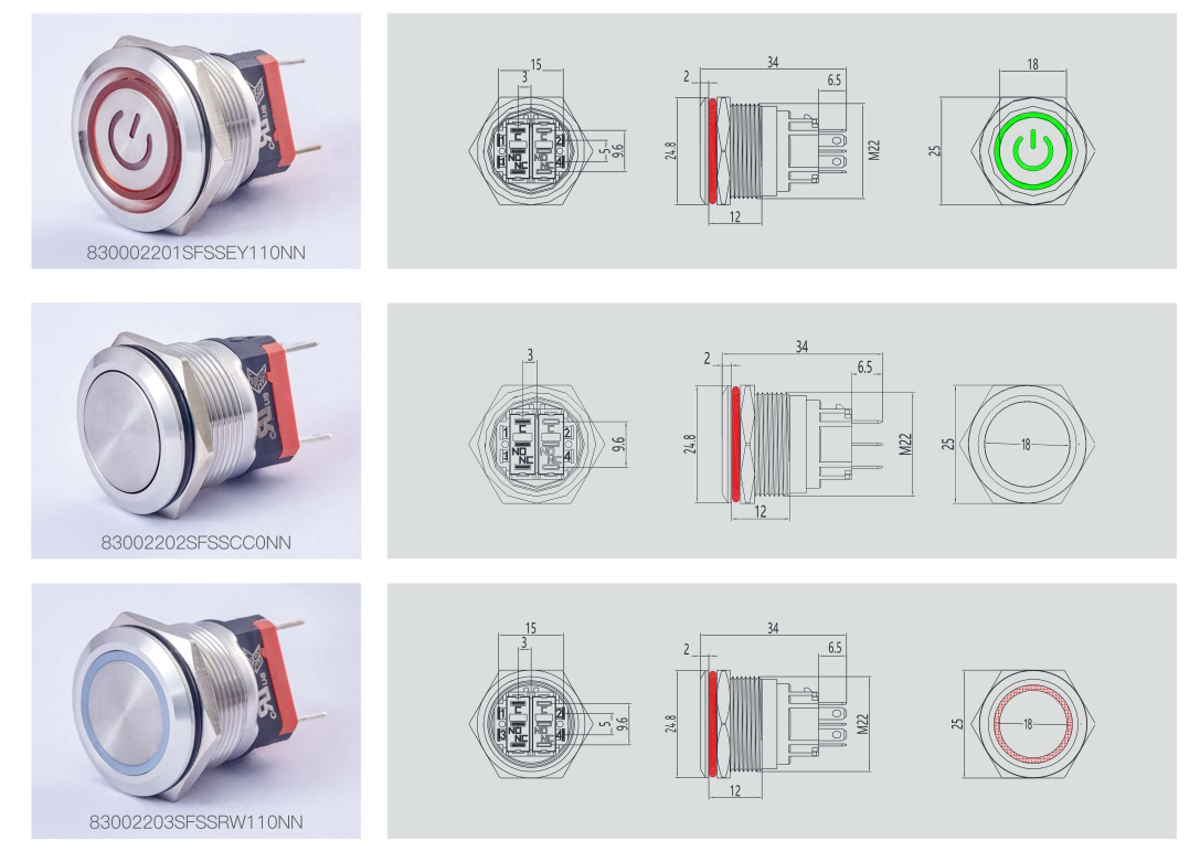 8300 Series IP66 Protected Stainless Steel Metal Push Button Switch with 200,000-Cycle Mechanical Life
