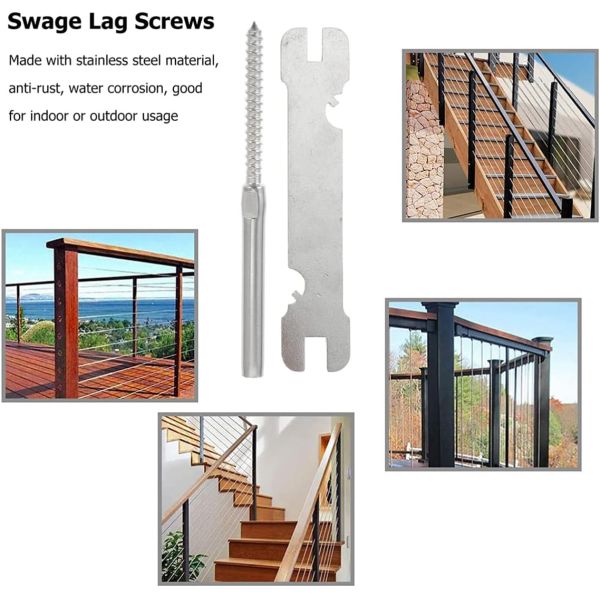 T316 Stainless Steel Cable Railing Hardware with 3/16-inch Stainless Steel Cables and Waterproof Swage Stud Terminal