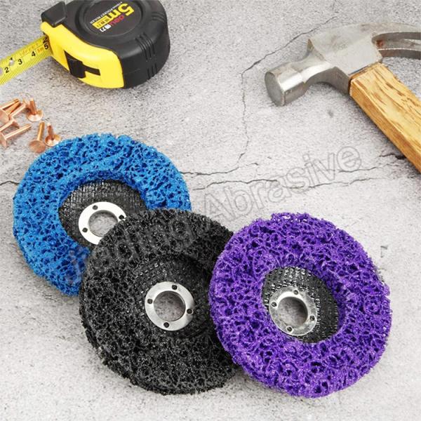 Versatile Abrasive Tools with Blue Poly Strip Wheels in Black Purple and Orange