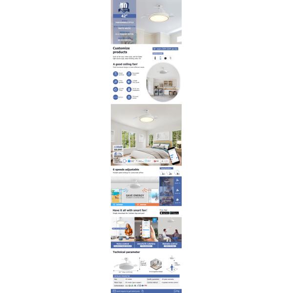 Cuchillas de acrílico ventilador de techo invisible con luz / motor de corriente continua ahorro de energía