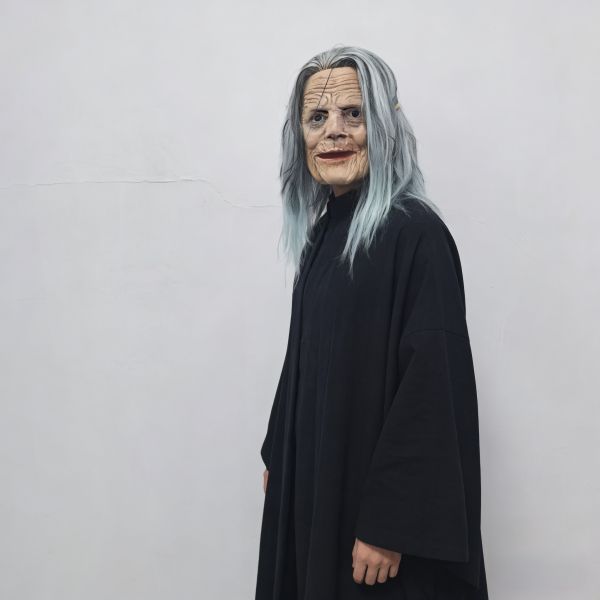Scary Old Witch Mask with Long Pale Blue Hair, Wrinkled Latex Female Mask for Halloween Cosplay & Haunted House