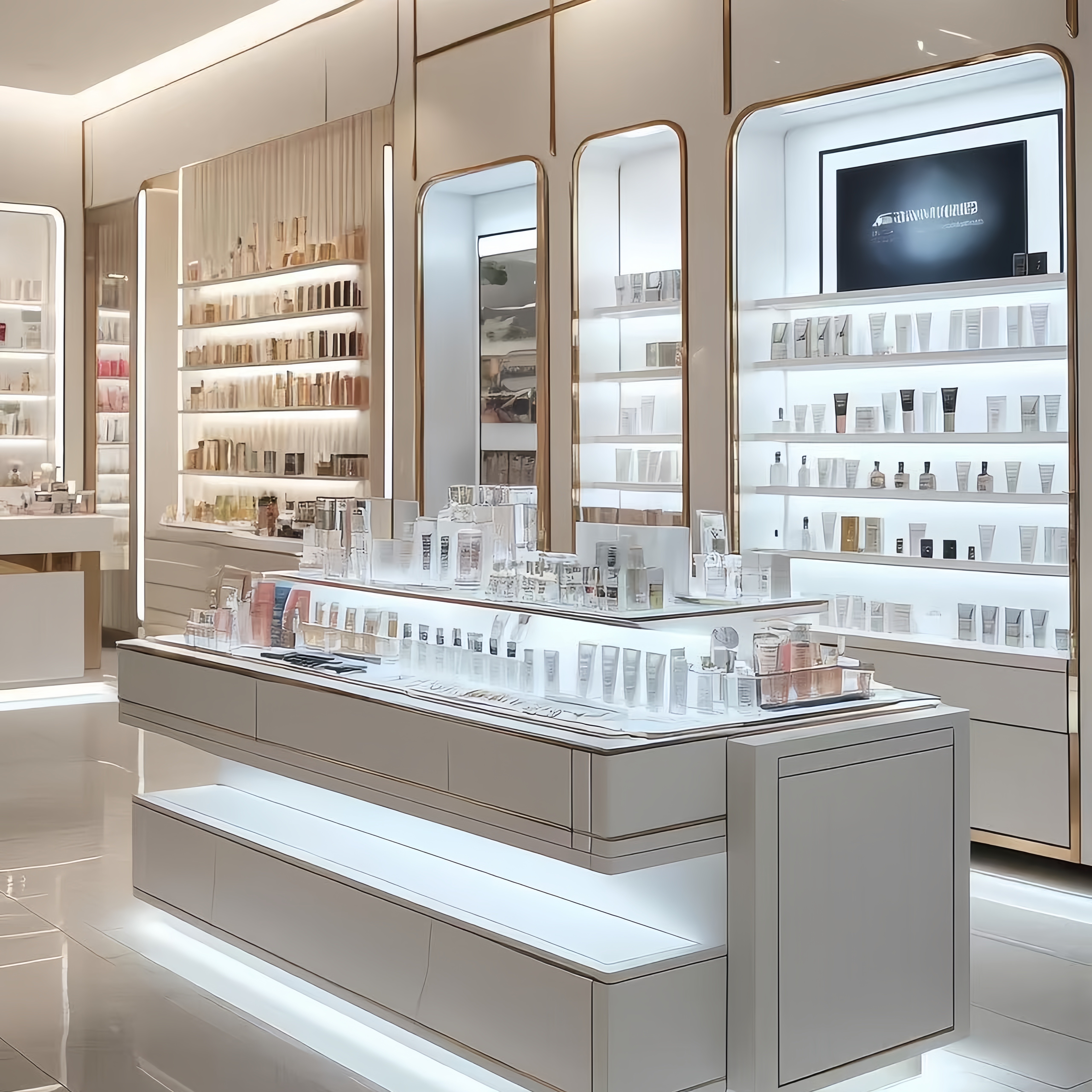 Customizable Cosmetic Display Wall Shelf and Counter Set for Beauty Retail Shop