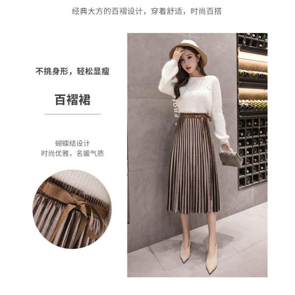 Large Swing Women Pleated Skirt , Gold Bowknot Velvet Pleated Midi Skirt