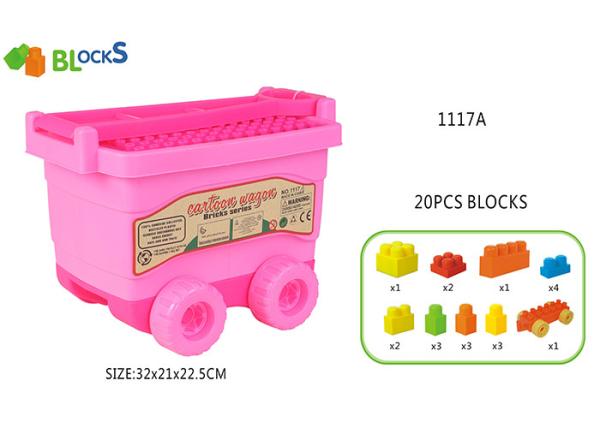 17   Building Blocks Toys For Toddlers Movable Wagon 32 Pcs Blue Pink Big Wheel