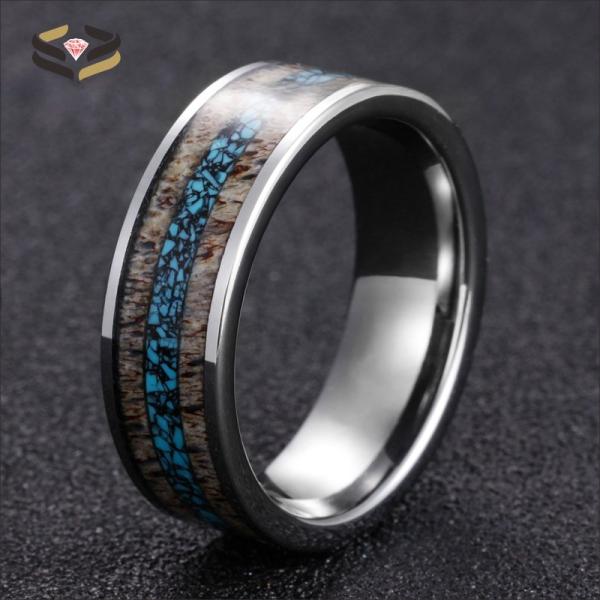 Mens Flat Silver Tungsten Wedding Bands 8mm Inlaid With Turquoise And Nature Antler