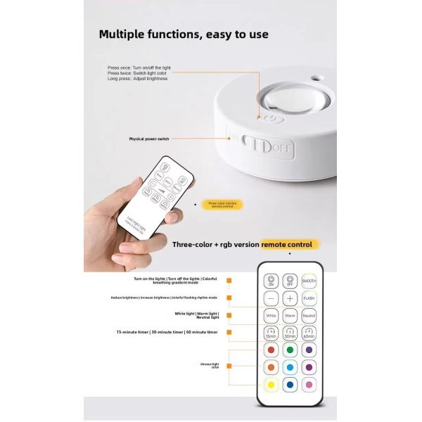 500mAh Magnetic RGBW Wireless LED Puck Light Under Cabinet Timing Function