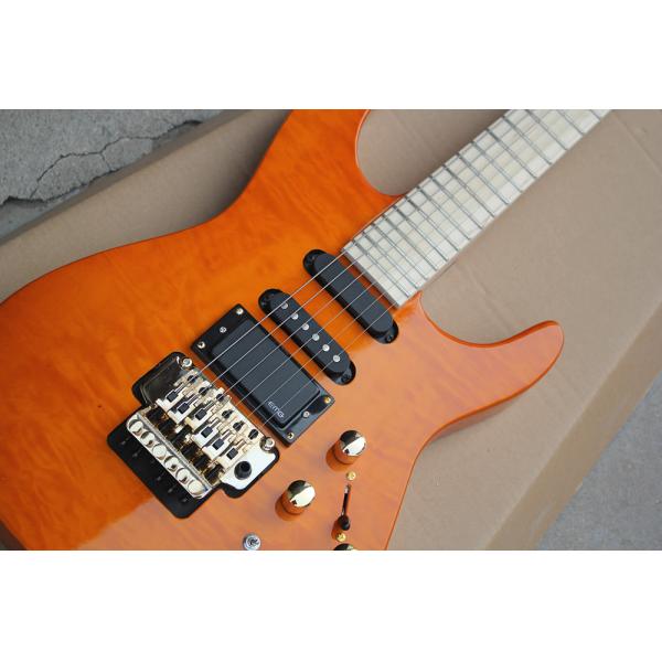 Factory Custom Orange Electric Guitar with Floyd Rose,3 Pickups,No Frets Inlay,Gold Hardware,Flame Maple Veneer