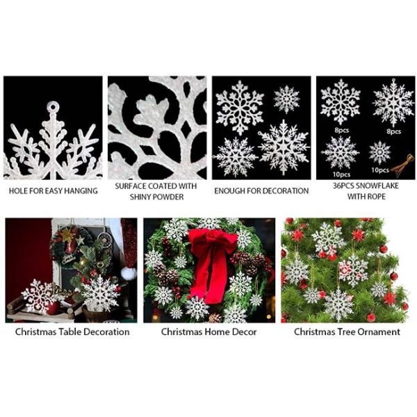снежинка пластикового яркого блеска 36pcs белая орнаментирует для рождества