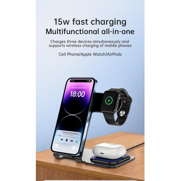 Aluminum Alloy 3 In 1 Wireless Charging Stand 15W Power Over Temperature Protection