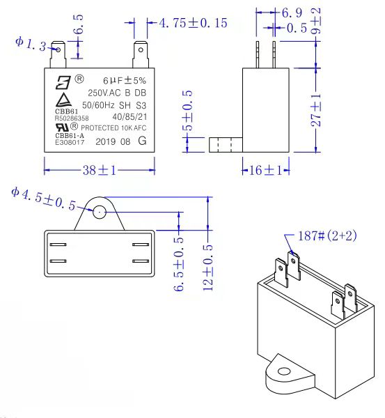 CBB61 250V 6.0UF S3 Вентилятор Противовзрывный конденсатор Самопокрывающийся Класс B RoHS