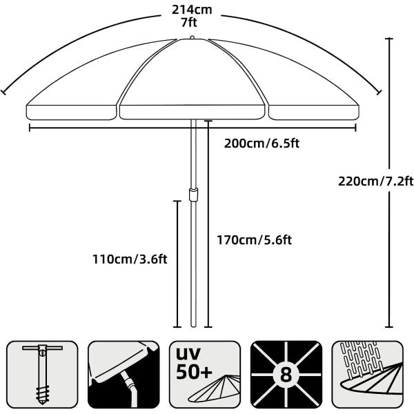 Heavy Duty High Wind Beach Umbrella Parasols Sand Anchor & Tilt Sun Shelter, UV 50+ Protection Outdoor Sunshade