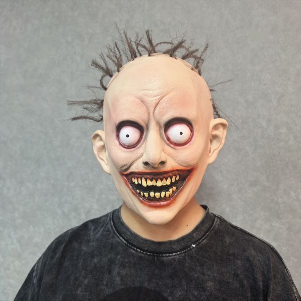 Creepy Smiling Monster Mask Horror Full Head Latex Scary Ghost Face with Hair for Halloween Cosplay Costume Party Props
