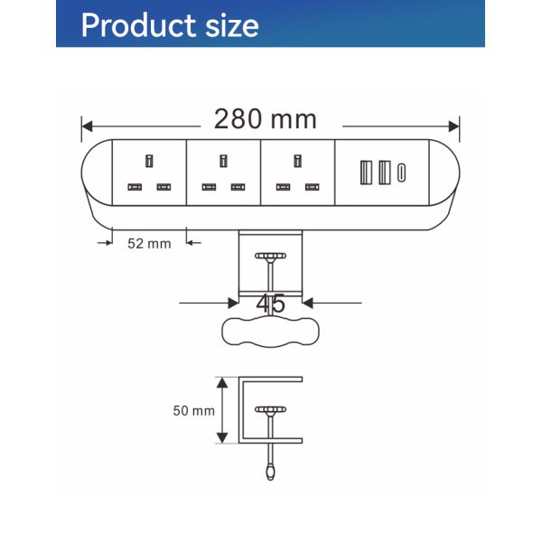 Portable Surge Protector Desk Mount Desktop Clamp Power Outlet 20W USB