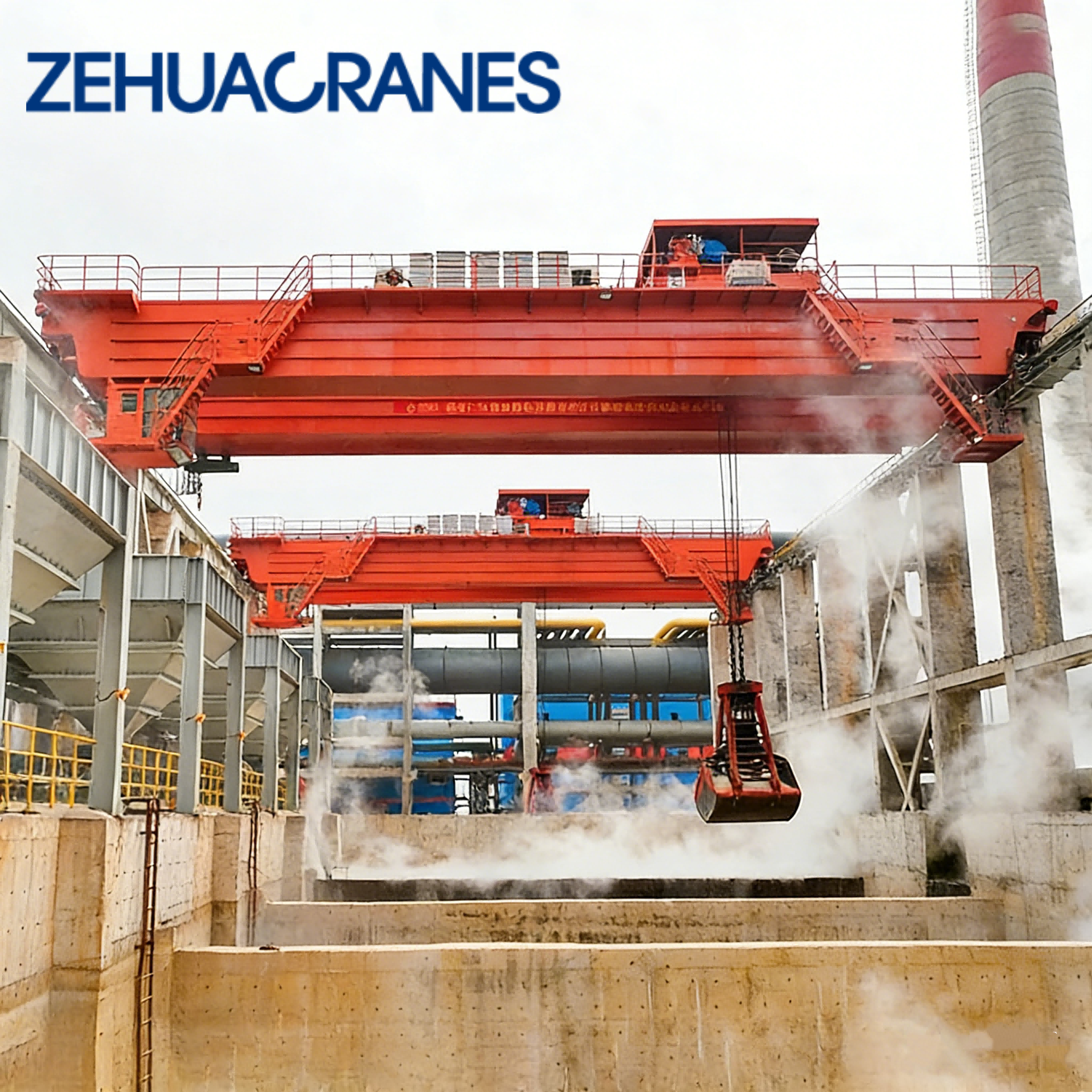 Zehua Intelligent Double Girder Overhead Crane PLC Control Customizable Span with Clamshell Grab for Cement Handling